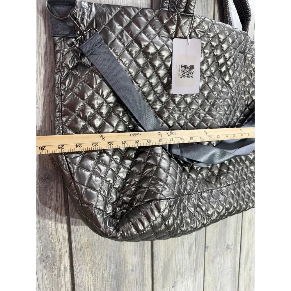 Marleylilly Quilted Weekender Bag Metallic Gunmetal Gray Puffer Travel Tote NWT
